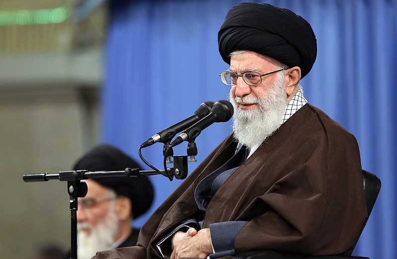 In this picture released by an official website of the office of the Iranian supreme leader, Supreme Leader Ayatollah Ali Khamenei speaks at a meeting Saturday in Tehran, Iran. Khamenei said that the U.S.-led attack on Syria is a "crime" and said the countries behind it will gain nothing. The Iranian Foreign Ministry strongly condemned the strikes and warned of unspecified consequences.