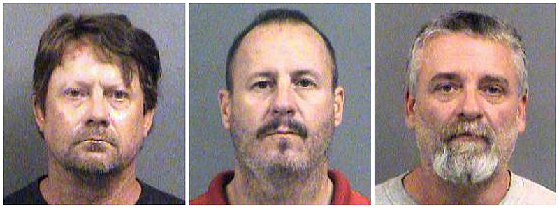 FILE - This combination of Oct. 14, 2016, file booking photos provided by the Sedgwick County Sheriff's Office in Wichita, Kan., shows from left, Patrick Stein, Curtis Allen and Gavin Wright, three members of a Kansas militia group who were charged with plotting to bomb an apartment building filled with Somali immigrants in Garden City, Kan. The jury in their trial returns to the courtroom on Tuesday, April 17, 2018, to get final instructions and to hear arguments before getting the case for deliberation. (Sedgwick County Sheriff's Office via AP, File)