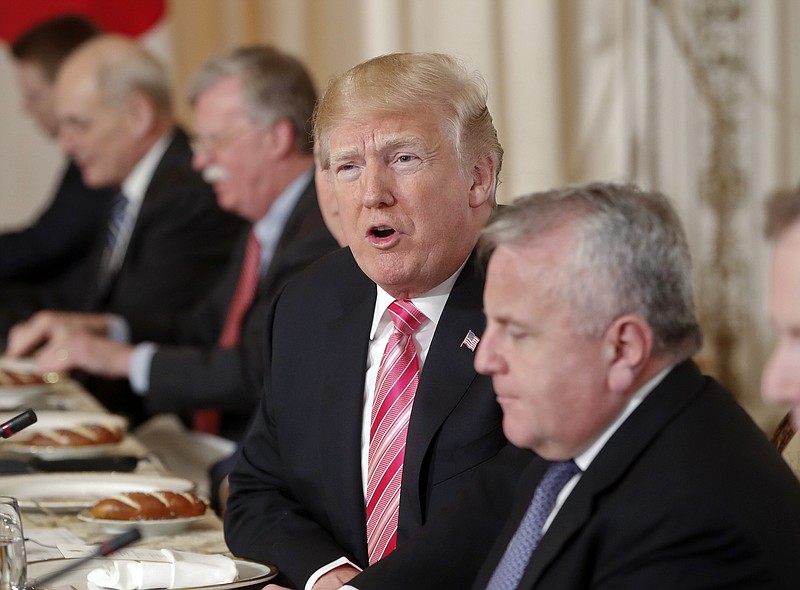 President Donald Trump speaks to members of the media during a working lunch with Japanese Prime Minister Shinzo Abe, at Trump's private Mar-a-Lago club, Wednesday, April 18, 2018, in Palm Beach, Fla. (AP Photo/Pablo Martinez Monsivais)