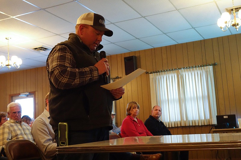 Farmer Nathan Alpers speaks on the value of converting manure into fertilizer in reducing the need for chemical fertilizers in his public comment to the Missouri Department of Natural Resources in favor of the proposed Tipton East CAFO during the public meeting April 18, 2018 at Tipton Country Club.