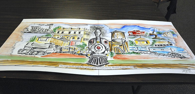 This conceptual drawing shows what muralist Dennis Holliday plans to do in a 60-by-20-foot space. The mural will focus on the town's railroad history, including the pump house, depot, water tower, caboose, the 1858 Union Pacific Central Hotel, several eras of engines and the historic tree at the park.