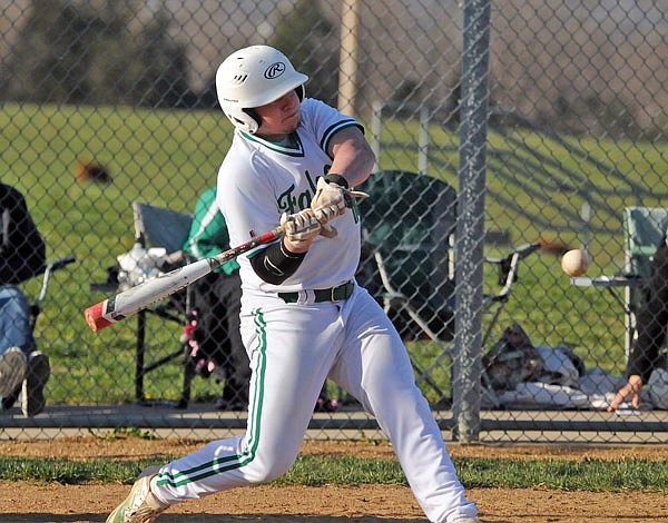 Bryce Kempker of Blair Oaks smacks an RBI hit during Thursday's game against Fatima at the Falcon Athletic Complex.