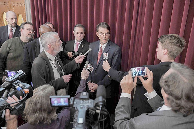 Missouri House Speaker Todd Richardson answers questions Thursday during a press conference. Richardson wants the House Special Investigative Committee on Oversight to work as quickly and thoroughly as possible to determine whether the governor should be impeached.