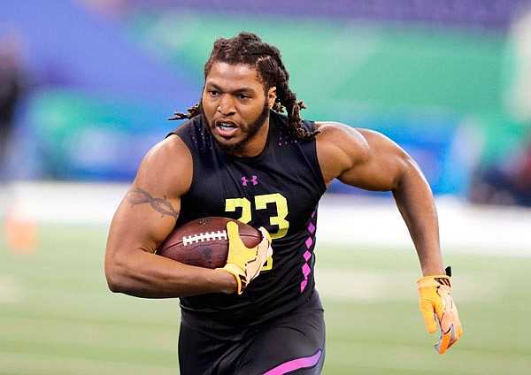 In this March 4 file photo, Stanford linebacker Peter Kalambayi runs a drill during the NFL combine in Indianapolis. Kalambayi is among 39 players on the draft boards who recently made the 2018 National Football Foundation Hampshire Honor Society for having carried a 3.2 GPA or better throughout college.