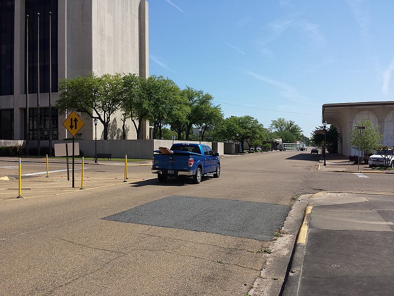 This photo shows the intersection of East Third and Olive streets in Texarkana, Ark., where East Third changes from a one-way to a two-way street. Texarkana, Texas, plans to change West Third and West Fourth streets downtown into two-way roads this summer.