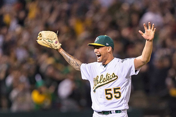 Athletics starting pitcher Sean Manaea celebrates pitching a no-hitter against the Red Sox in Saturday night's game in Oakland.