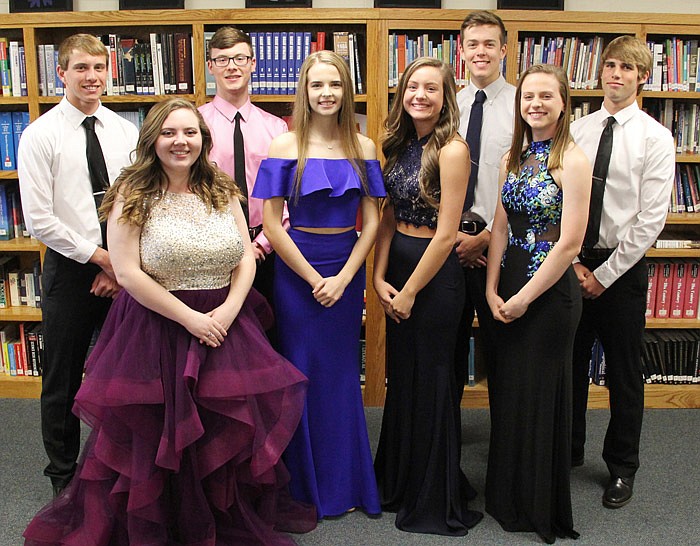 Blair Oaks High School's 2018 prom court poses in the school's library. In the front row, from left, are 2018 Queen Payton Branson, Libby Hausman, Abbey Hoelscher and Emily Yaeger. In the back row, from left, are 2018 King Isaac Prenger, Zane Siebeneck, Josh Henson and Cole Brenneke.