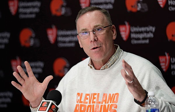 Cleveland Browns general manager John Dorsey answers questions about the draft during a news conference at the NFL football team's training camp facility, Thursday, April 19, 2018, in Berea, Ohio. (AP Photo/Tony Dejak)