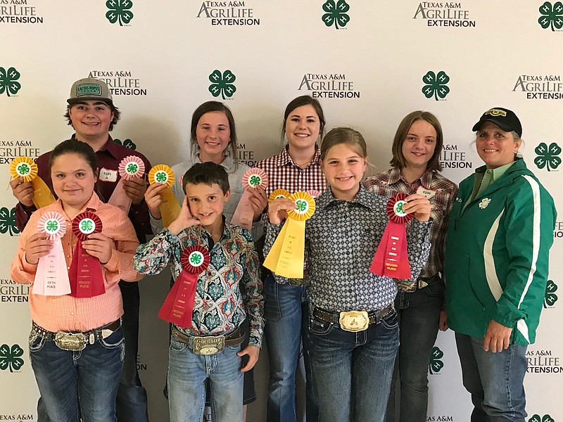 The Bowie County 4-H Livestock Judging Team competed in District IV 4-H Contest in College Station last Saturday. In the front row are, from left, Kyleigh Edwards, Jansen Burt and Rebekah Eaves. In the back row are Dalton Burns, Jaycee Littleton, Makenzie Newton, Baylee Edwards and Cherrie Curtis, county extension agent, 4-H & Youth Development. The team is coached by Jamie Baldwin and Curtis. The Junior Team placed second overall with Kyleigh and Rebekah placing fourth and fifth, respectively. The Senior Team placed fourth overall with Jaycee Littleton placing eighth overall. The Senior Team was also third in cattle judging.  (Submitted photo)