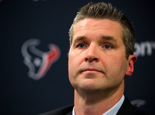 In this Jan. 17, 2018, file photo, Houston Texans general manager Brian Gaine answers questions during his introductory news conference at NRG Stadium in Houston. Gaine has quite a challenge as he prepares for his first draft with the team. The Texans don't have a first-round pick for the first time in franchise history. (Brett Coomer/Houston Chronicle via AP, File)
