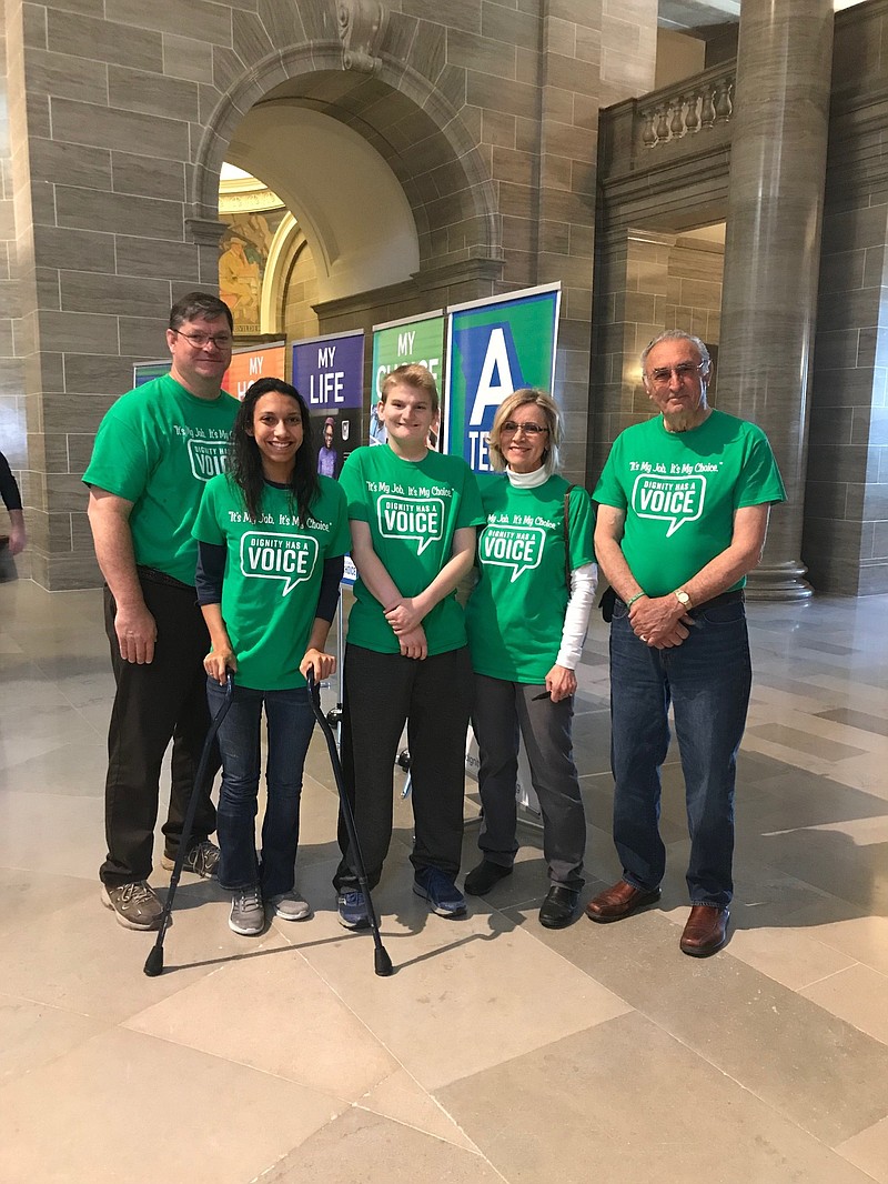 <p>Tim Loftus (left), president of the KPI board of directors; Breanna Troesser, advocate; Timothy Loftus, KPI employee; Connie Hale, KPI manager; and John Jennings, longtime member of KPI board of directors traveled to Jefferson City on Wednesday to advocate for sheltered workshops as an employment option. (Submitted)</p>