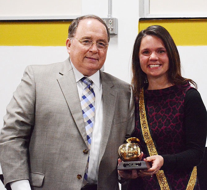 Katie Finley Cauwenbergh with Fulton School Superintendent Jacque Cowherd. Cauwenbergh is the district's 2018 teacher of the year. 