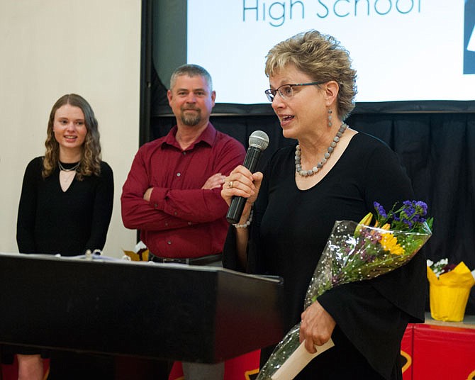 Jana Forck thanks her family and supporters after being named the 2018 Eisinger Teacher of the Year on Thursday during the Jefferson City Public Schools 2018 Teacher Appreciation Banquet at Lewis and Clark Middle School.