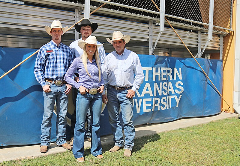 Eight members of the SAU Rodeo Team will travel to Casper, Wyo., in June to compete in the National Rodeo Finals. Shown are Ashton Glascock in front and, back row from left, Britt Driggers, Strand Barricklow and Coach Rusty Hayes.