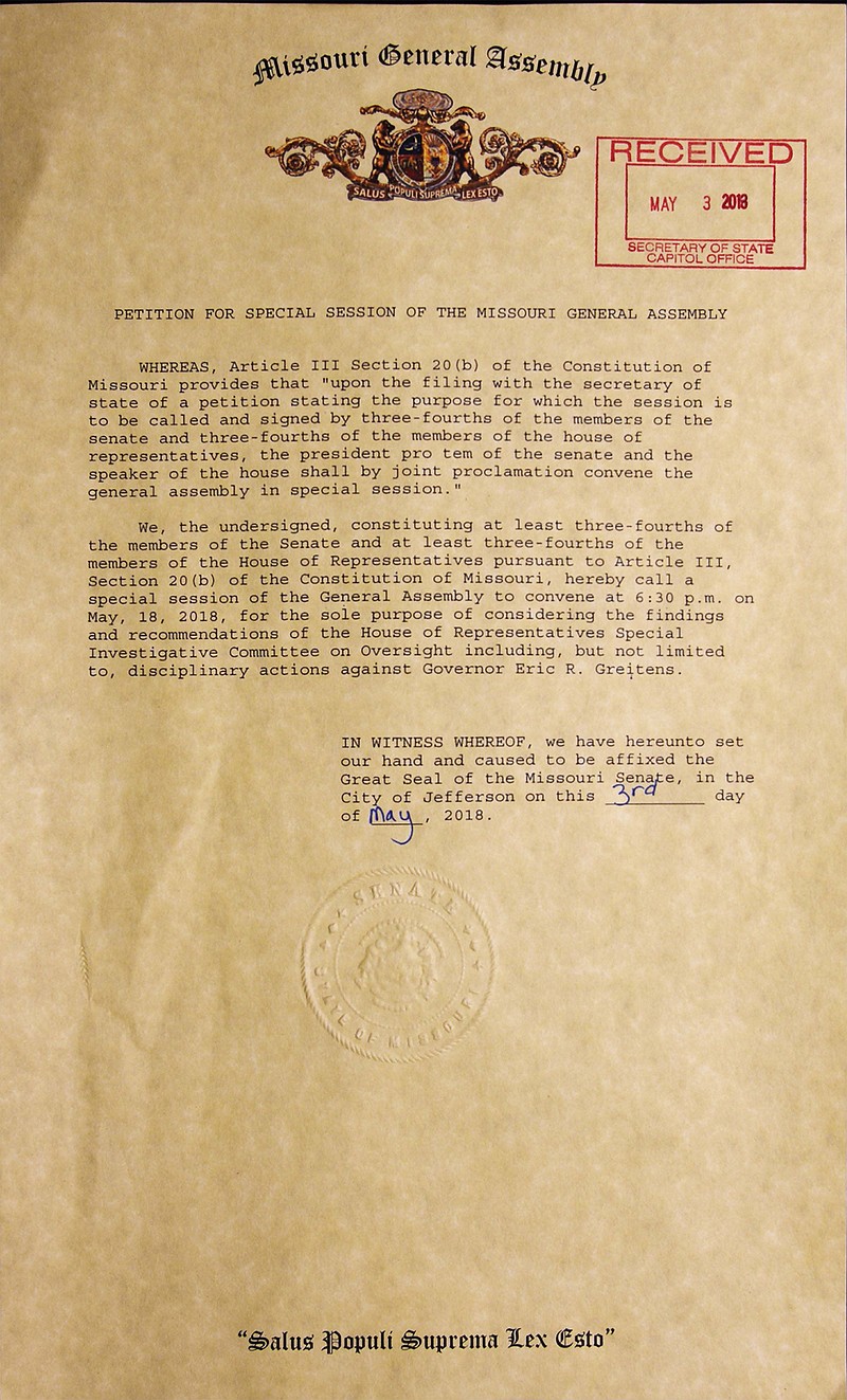 The Missouri General Assembly submitted a petition to the Missouri Secretary of State's Office on Thursday, May 3, 2018, to call a special session to consider disciplinary action against Gov. Eric Greitens.