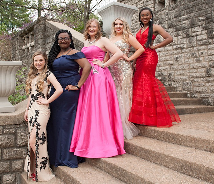 Jefferson City High School Prom Queen nominees, left to right, Taylor Horn, Ifeona Anunoby, Erica Dunn, Haylee Backues and Brianna Holley take a group photo in the Governor's Garden on Tuesday, May 1, 2018. Horn was announced as queen on Friday.