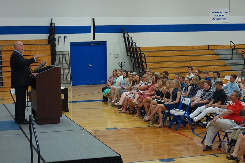 The Rev. Clayton Blodgett, pastor of Russellville United Methodist Church, speaks during the Cole R-1 Baccalaureate Service, hosted by the Cole R-1 senior class and the Russellville/Lohman Ministerial Alliance, May 6, 2018 at Russellville High School. Thunder echoed through the gymnasium as Blodgett spoke of how life's challenges will help shape the students the adults they are meant to be.