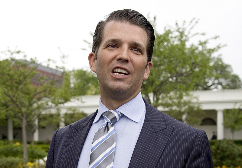 In this April 17, 2017 file photo, Donald Trump Jr., the son of President Donald Trump, speaks to media on the South Lawn of the White House in Washington.  Donald Trump Jr. told the Senate Judiciary Committee that he didn’t think there was anything wrong with meeting a Russian lawyer who was promising dirt on Hillary Clinton in 2016. That’s according to transcripts of his interview with the panel earlier this year.  (AP Photo/Carolyn Kaster)