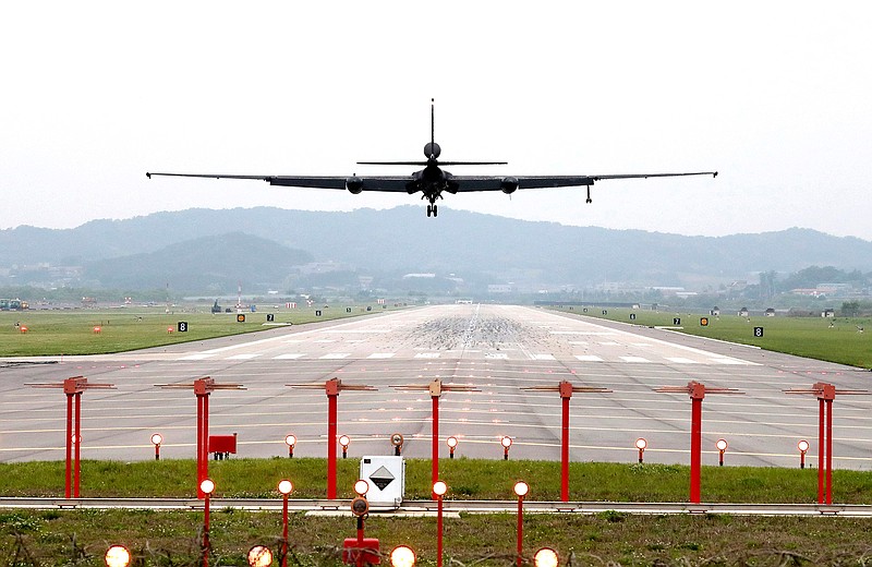 A U.S. Air Force U-2 spy plane prepares to land as South Korea and the United States conduct the Max Thunder joint military exercise at the Osan U.S. Air Base in Pyeongtaek, South Korea, Wednesday, May 16, 2018. North Korea on Wednesday canceled a high-level meeting with South Korea and threatened to scrap a historic summit next month between President Donald Trump and North Korean leader Kim Jong Un over military exercises between Seoul and Washington that Pyongyang has long claimed are invasion rehearsals. (Kwon Joon-woo/Yonhap via AP)