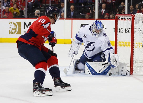 Lightning goaltender Andrei Vasilevskiy stops a shot by Capitals center Nicklas Backstrom during the second period in Game 4 of the NHL Eastern Conference finals Thursday in Washington.