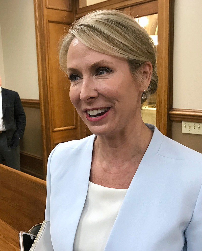 Arkansas Supreme Court Justice Courtney Goodson speaks to reporters Friday, May 18, 2018, at the Pulaski County Courthouse in Little Rock.