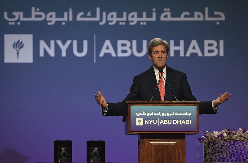 Former U.S. Secretary of State, John Kerry, talks during the New York University Abu Dhabi (NYUAD) fifth edition of the Commencement Exercises, in Abu Dhabi, United Arab Emirates, Sunday, May 20, 2018. (AP Photo/Kamran Jebreili)