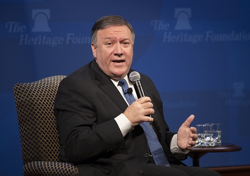 Secretary of State Mike Pompeo speaks at the Heritage Foundation, a conservative public policy think tank, in Washington, Monday, May 21, 2018. Pompeo issued a steep list of demands Monday that he said should be included in a nuclear treaty with Iran to replace the Obama-era deal, threatening "the strongest sanctions in history" if Iran doesn't change course.  (AP Photo/J. Scott Applewhite)