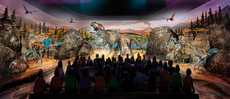 This undated artist's rendering provided by BASE Hologram shows a prototype three-dimensional hologram display for a dinosaur exhibit.