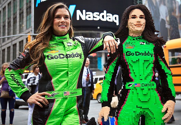Danica Patrick poses with a life-size Lego statue creation of herself Tuesday in New York.