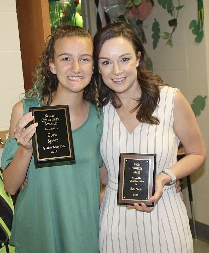 Mother Katie Belenchia and daughter Cora Speer (left), received Nolin Courtesy Awards as fifth-grade students at McIntire School in Fulton. Belenchia is director of academic advising at William Woods.