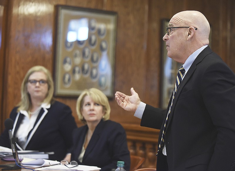 Mark Kempton presents his points Wednesday in a suit filed against A New Missouri and Gov. Eric Greitens for Missouri to Judge Jon Beetem in Cole County Circuit Court. Kempton is asking the judge to enforce subpoenas sent to A New Missouri. Seated at left is counsel for A New Missouri and Greitens for Missouri, Catherine Hanaway and  Joann Sandifer.