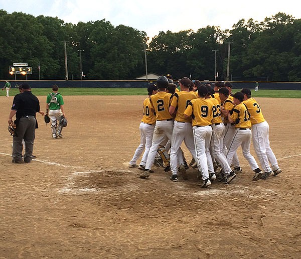 The St. Elizabeth Hornets celebrate following Wednesday's 12-2 win against Silex in the Class 1 state quarterfinals at St. Elizabeth. 
