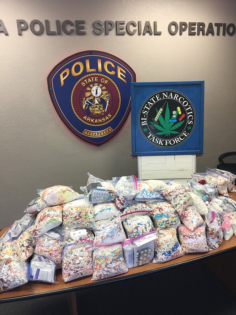 This May 2018 photo shows hundreds of pounds of unwanted prescription drugs surrendered by area residents in the last six months through the Bi-State Narcotics Task Force's Drug Take Back program. (Photo courtesy of Texarkana, Ark., Police Department)