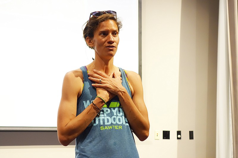 <p>Helen Wilbers/FULTON SUN</p><p>Long-distance hiker and author Jennifer Pharr Davis shares stories from her time on the trails at the Runge Nature Center on Saturday. Davis set the record for the fastest through-hike of the Appalachian Trail in 2007, hiking nearly 2,200 miles in a mere 46 days.</p>