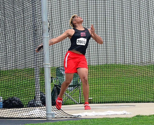 Devin Roberson of the Jays competes in the Class 5 boys discus Friday in the state track and field championships at Adkins Stadium.