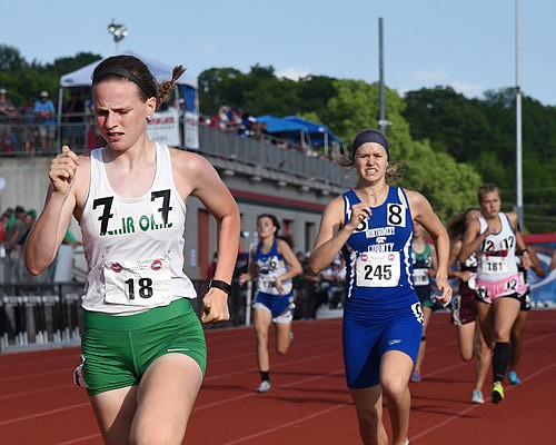 Emily Yaeger of Blair Oaks heads down the straightaway on her way to the finish line in the Class 3 girls 800-meter run Friday in the state track and field championships at Adkins Stadium.