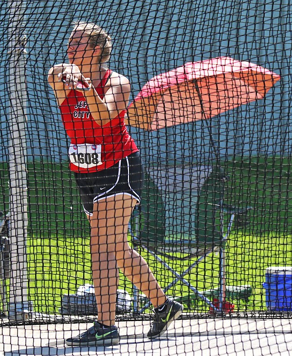 Jessica Rhoads of Jefferson City gets ready for her spin during the discus competition Saturday in the Class 5 state track and field championships at Adkins Stadium. 