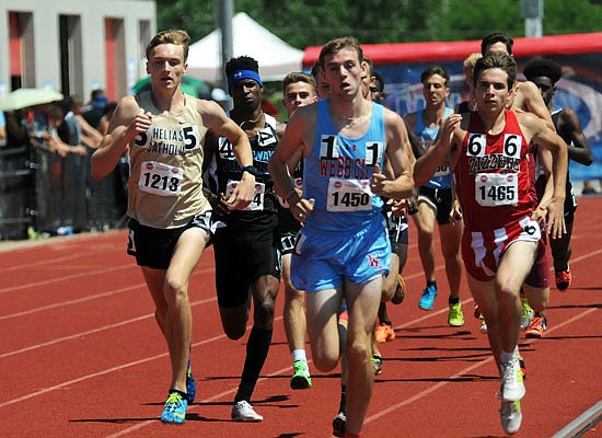 Jack Crull of Helias runs with the front of the pack during the Class 4 boys 800-meter run Saturday at Adkins Stadium. Crull finished third in the event.