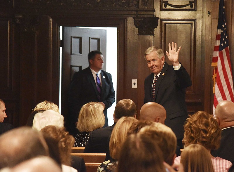The chapel in First Baptist Church was the site of a brief prayer service for Lt. Gov. Mike Parson, seen here waving, and his wife, Teresa, and family as he was soon to be sworn in as the 57th governor of Missouri on Friday, June 1, 2018.