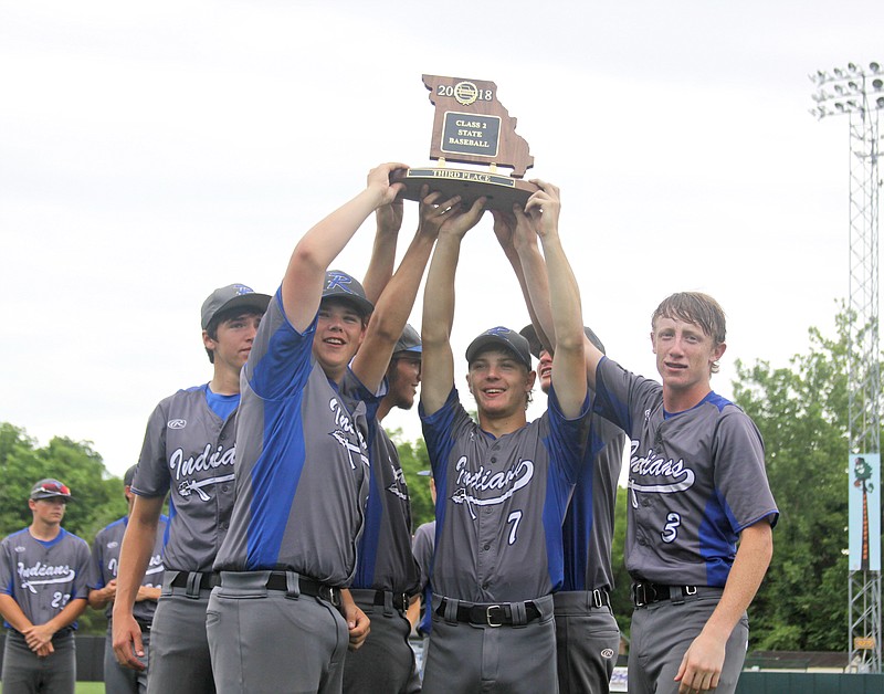 <p>Democrat photo/Greg Jackson</p><p>From left, Russellville juniors Mason Stewart, Riley Marcum, Chandler Miller, Ethan Huff, Austin Roe and Nick Thompson hoist the Class 3 third-place trophy after the Indians’ 6-4 win against Skyline at CarShield Field in O’Fallon, May 29.</p>