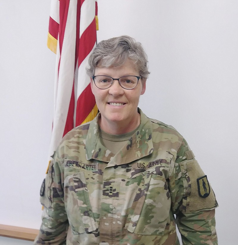 Diana Eberharter served a tour in the Army as an enlisted soldier before later joining the Missouri National Guard and completing the training to become a warrant officer. Eberharter, as a member of the Missouri National Guard's Regional Training Institute, wears a unit patch, shown below, on the left shoulder of her uniform.