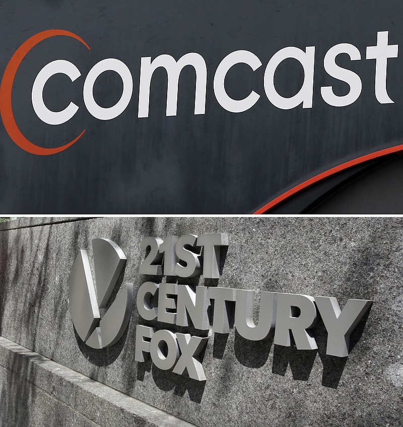 FILE- This combo of file photos shows the 21st Century Fox sign outside of the News Corporation headquarters building on Aug. 1, 2017, in New York, bottom, and a Comcast sign on Oct. 12, 2017, in Hialeah, Fla.  Comcast is making a $65 billion bid for Fox's entertainment businesses, setting up a battle with Disney to become the next mega-media company. (AP Photo/File)