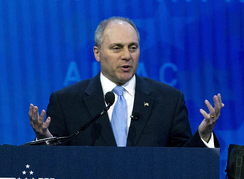 FILE - In this March 6, 2018 file photo, House Republican Whip Steve Scalise speaks at the 2018 American Israel Public Affairs Committee (AIPAC) policy conference in Washington. Scalise, the Louisiana Republican who was shot and nearly killed during a Congressional baseball practice, apparently has a memoir coming this fall. The 304-page book is called “Back in the Game,” according to listings on Amazon.com and the web site for the publisher Center Street. The release date is Nov. 13. (AP Photo/Jose Luis Magana, File)