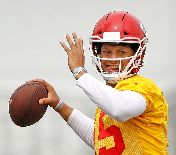 Chiefs quarterback Patrick Mahomes passes the ball during the team's OTAs on Tuesday in Kansas City.