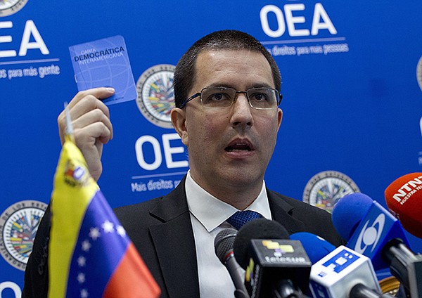 Venezuela's Foreign Minister Jorge Arreaza speaks during a news conference at the Organization of American States (OAS) on Wednesday, June 6, 2018, in Washington.