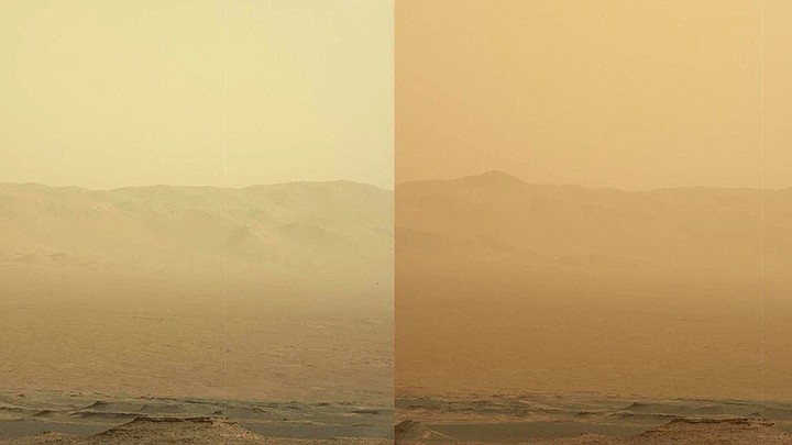 These two views from NASA's Curiosity rover show how much the airborne dust has increased over three days. The picture on the left is from Thursday, and the one on the right is from Sunday. The east-northeast rim of Gale Crater is in the distance. (NASA/JPL-Caltech/MSSS)