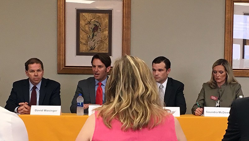 Republican candidates for Missouri state auditor, from left, David Wasinger, Kevin Roach, Paul Curtman and Saundra McDowell spoke during a Missouri Press Association candidates' forum at the Lodge of the Four Seasons in the Lake of the Ozarks area Friday, June 15, 2018.