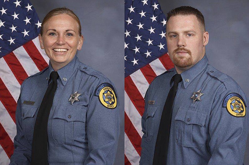 This undated photo combo provided by Kansas City, Kansas police department shows from left, Deputy Theresa King and DeputyPatrick Rohrer. Kansas City police confirmed that Rohrer and King died from injuries suffered when an inmate who was being transported in Kansas City overpowered the two officers and shot them on Friday, June 15, 2018.  The inmate was also shot during the confrontation, his condition was not known. Investigators said the inmate may have grabbed a weapon from one of the deputies during a struggle after he got out of a van late Friday morning. (Kansas City Kansas police department via AP)