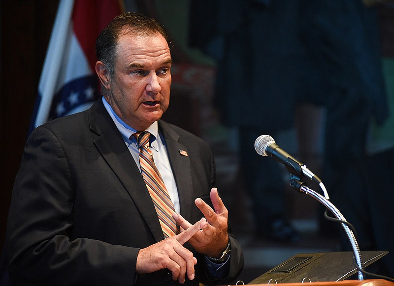 Missouri Lieutenant Gov. Mike Kehoe makes his opening statement during a news conference in the governor's office at the Missouri State Capitol in Jefferson City on Monday, June 18, 2018. 