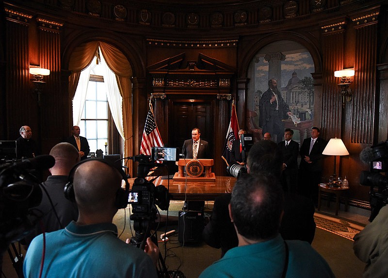 
Mike Kehoe takes questions from reporters about being appointed lieutenant governor during a press conference in Gov. Mike Parson's office at the Missouri State Capitol on Monday, June 18, 2018. 